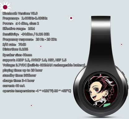 Demon Slayer Kamado Tanjirou Anime Bluetooth Headphones – Wireless Gaming Headset with Mic, TF Card Support, Deep Bass Anime Earphones V5.0