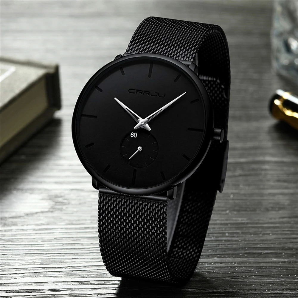 Orologio da uomo CRRJU – Orologio al quarzo di lusso, stile casual, sottile, con bracciale a maglia in acciaio, impermeabile e sportivo.