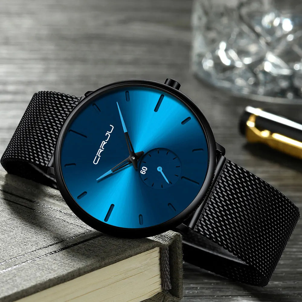 Orologio da uomo CRRJU – Orologio al quarzo di lusso, stile casual, sottile, con bracciale a maglia in acciaio, impermeabile e sportivo.