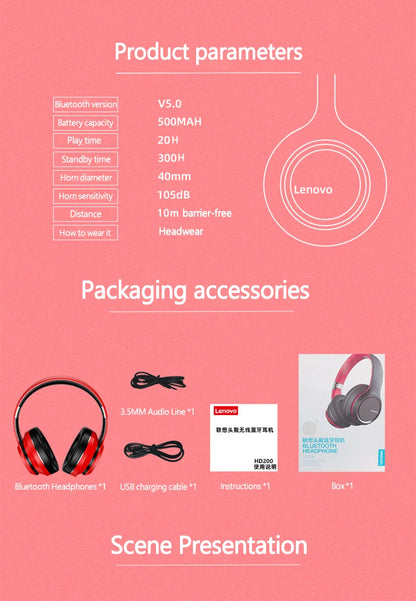 Lenovo HD200 Wireless Bluetooth Over-Ear Headphones – Noise Cancelling HiFi Stereo Gaming Headset with Microphone