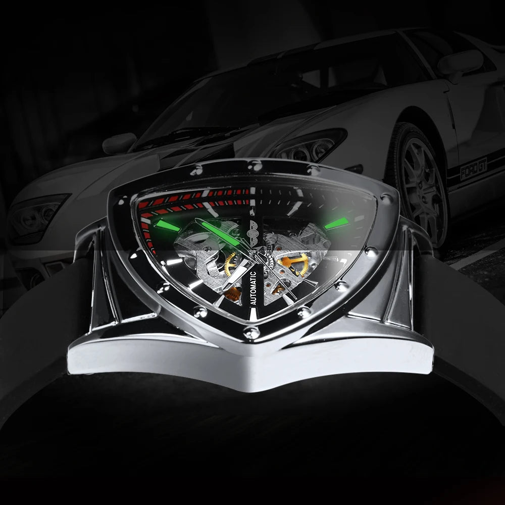 Relógio automático para homem WINNER, design esqueleto triangular, ponteiros luminescentes, bracelete em borracha, estilo militar, relógio mecânico de luxo