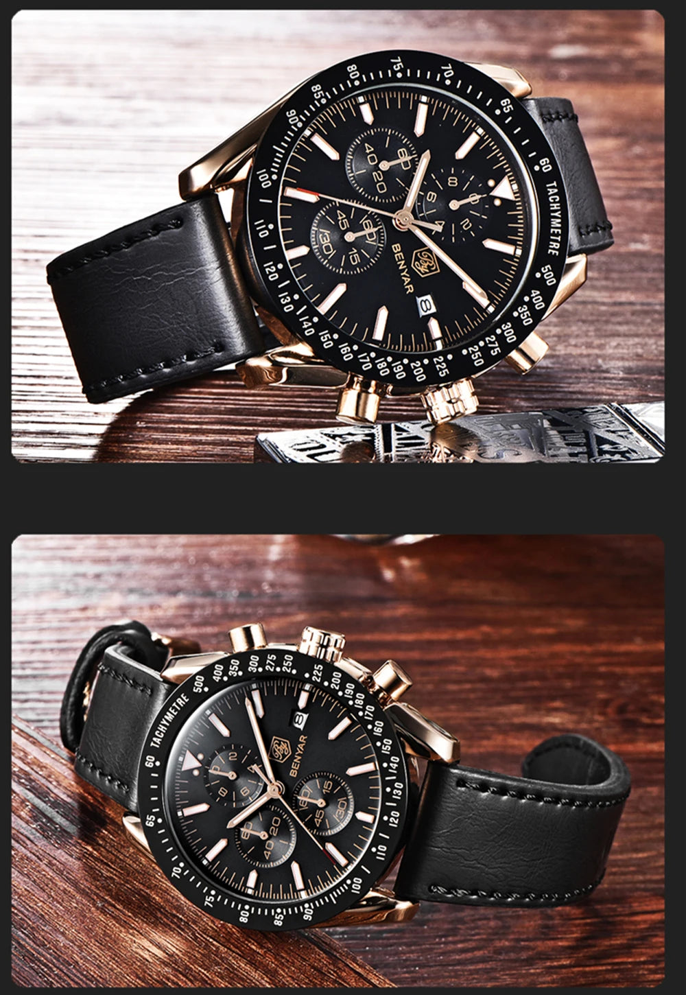 Relógios de luxo para homem BENYAR – Relógios de pulso de quartzo com bracelete em pele, resistentes à água até 30 m, estilo desportivo.