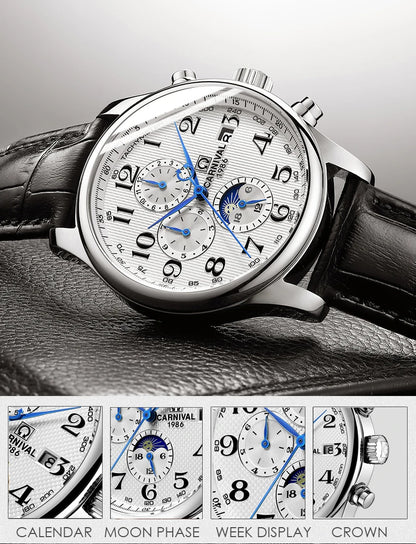 Carnival Brand Automatic Watch Fashion Luxury Waterproof Calendar Moon Phase Mechanical Watches For Men Clock Relogio Masculino
