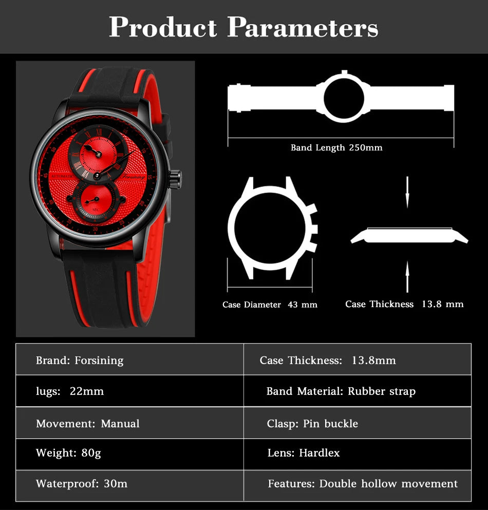 Men Wristwatch Blue White Dial Automatic Transparent Mechanical Watch Silicone Rubber Band Male Sport Clock Relogio Masculino