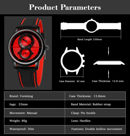 Men Wristwatch Blue White Dial Automatic Transparent Mechanical Watch Silicone Rubber Band Male Sport Clock Relogio Masculino