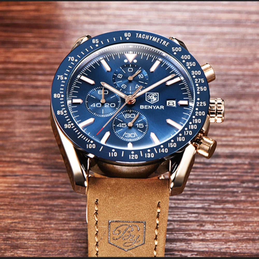 Relógios de luxo para homem BENYAR – Relógios de pulso de quartzo com bracelete em pele, resistentes à água até 30 m, estilo desportivo.