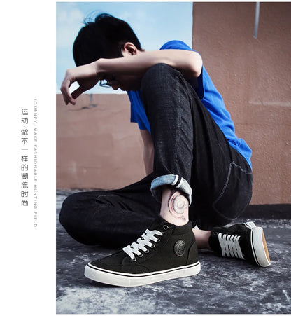 Men's High-Top Canvas Sneakers Slip-On Lace-Up Casual All-Black Basic Skate Shoes for Students Flat Sole Comfortable Sport Shoes