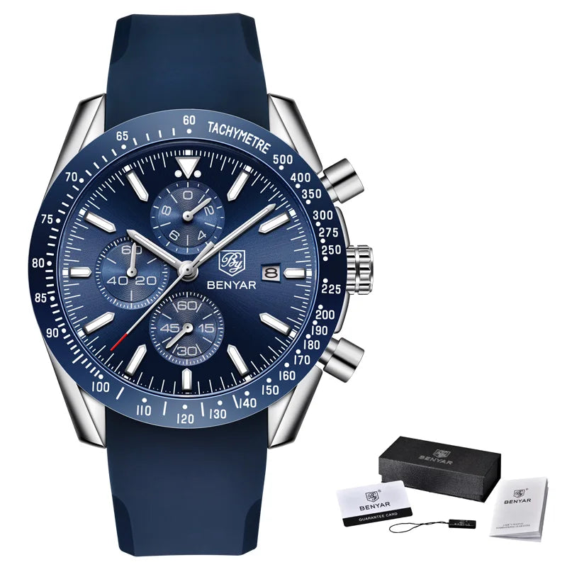 Relógios de luxo para homem BENYAR – Relógios de pulso de quartzo com bracelete em pele, resistentes à água até 30 m, estilo desportivo.