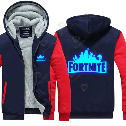 Sweat-shirts com capuz luminosos Fortnite de inverno, quentes, para homem e mulher, cosplay de jogo, em velo espesso, com fecho, casaco e sobretudo para casal