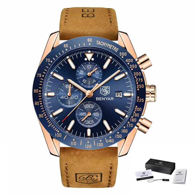 Relógios de luxo para homem BENYAR – Relógios de pulso de quartzo com bracelete em pele, resistentes à água até 30 m, estilo desportivo.