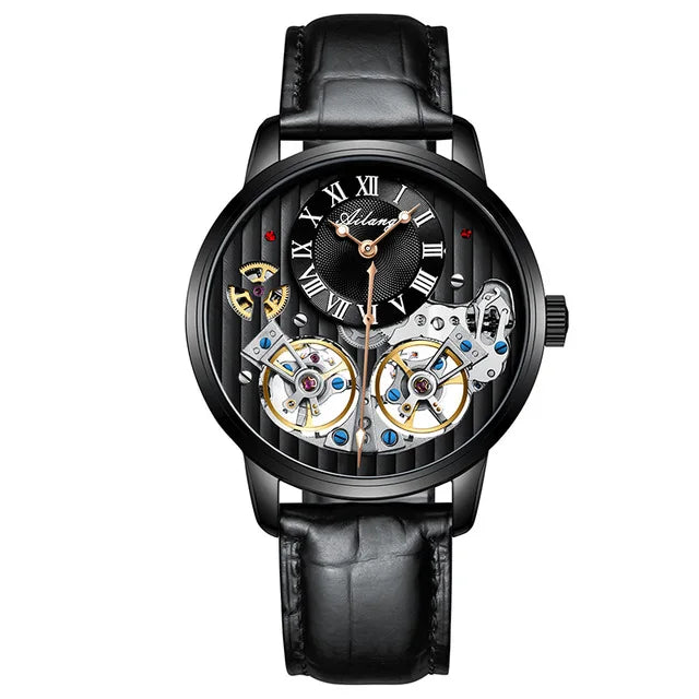 AILANG Top Brand Luxury Watch Men Automatic Luminous Black Clock Men Double Tourbillon Waterproof Mechanical Watch Relogio