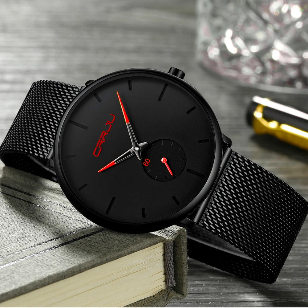 Orologio da uomo CRRJU – Orologio al quarzo di lusso, stile casual, sottile, con bracciale a maglia in acciaio, impermeabile e sportivo.