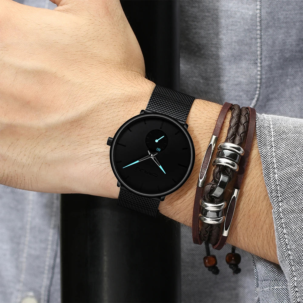 Orologio da uomo CRRJU – Orologio al quarzo di lusso, stile casual, sottile, con bracciale a maglia in acciaio, impermeabile e sportivo.