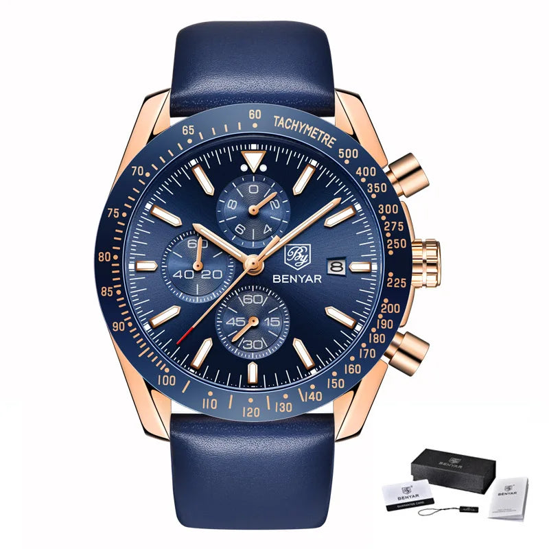 Relógios de luxo para homem BENYAR – Relógios de pulso de quartzo com bracelete em pele, resistentes à água até 30 m, estilo desportivo.