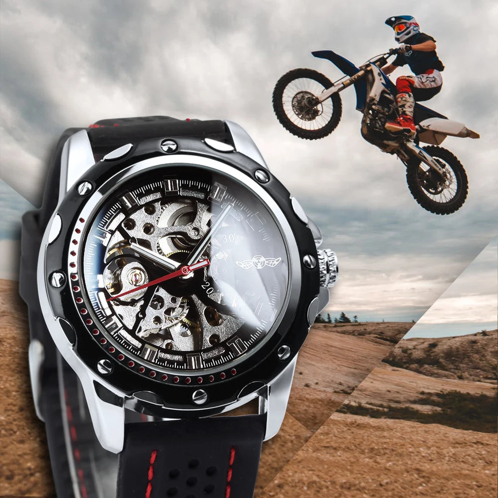 Relógio automático para homem WINNER – Modelo mecânico esqueletizado, ponteiros luminescentes, bracelete em borracha, estilo desportivo e luxuoso, ideal para atividades ao ar livre