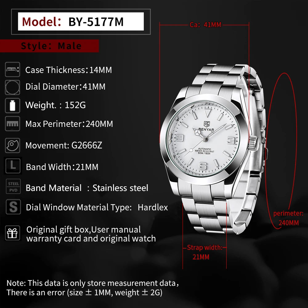 BENYAR Luxury Men Mechanical Wristwatches Stainless Steel Sports Men Automatic Watches 50ATM waterproof Clock