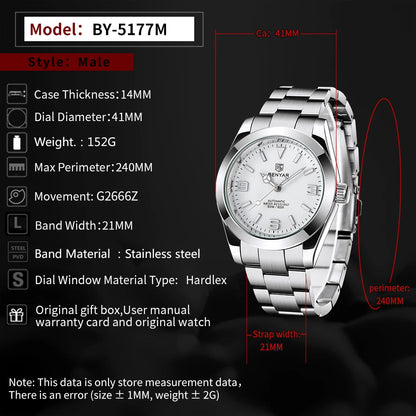 BENYAR Luxury Men Mechanical Wristwatches Stainless Steel Sports Men Automatic Watches 50ATM waterproof Clock