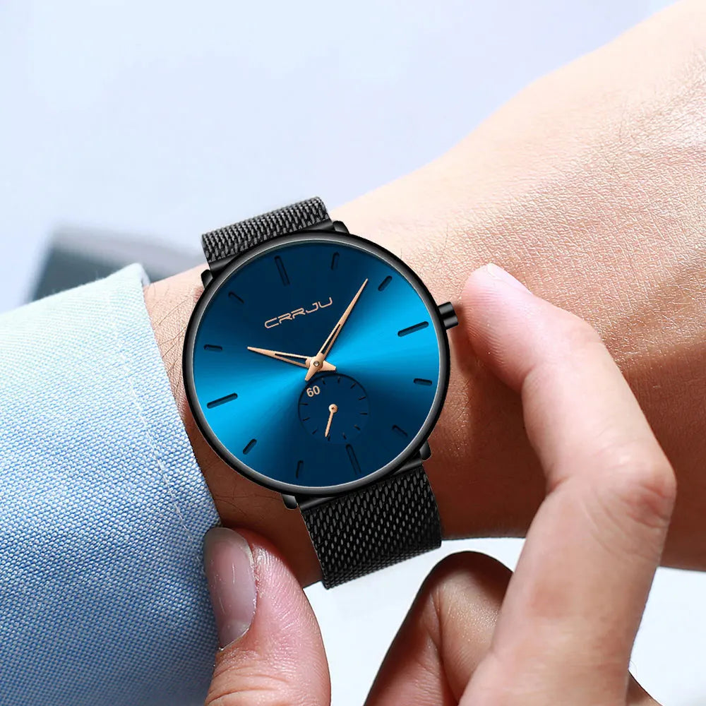 Orologio da uomo CRRJU – Orologio al quarzo di lusso, stile casual, sottile, con bracciale a maglia in acciaio, impermeabile e sportivo.
