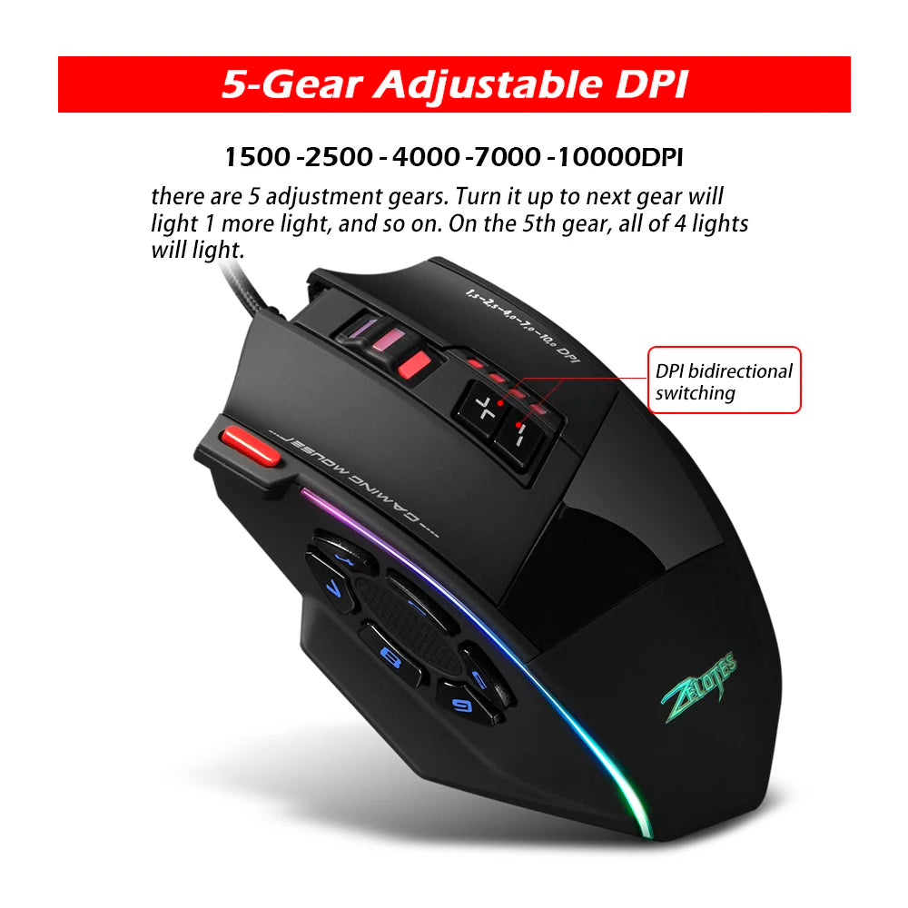 ZELOTES C-13 RGB Gaming Mouse, 10000 DPI Wired Gaming Mouse with 13 Programmable Buttons, RGB Backlit USB Gaming Mouse for PC & Desktop