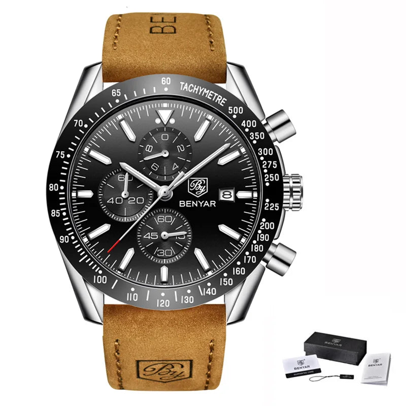 Relógios de luxo para homem BENYAR – Relógios de pulso de quartzo com bracelete em pele, resistentes à água até 30 m, estilo desportivo.