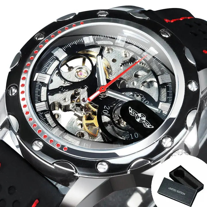Relógio automático para homem WINNER – Modelo mecânico esqueletizado, ponteiros luminescentes, bracelete em borracha, estilo desportivo e luxuoso, ideal para atividades ao ar livre