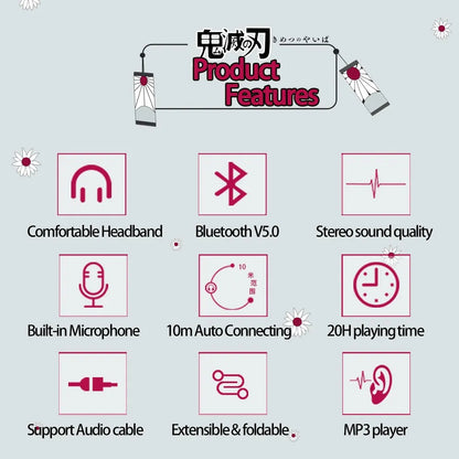 Demon Slayer Kamado Tanjirou Anime Bluetooth Headphones – Wireless Gaming Headset with Mic, TF Card Support, Deep Bass Anime Earphones V5.0