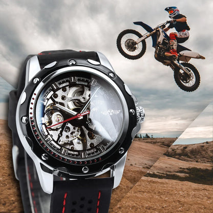 Relógio automático para homem WINNER – Modelo mecânico esqueletizado, ponteiros luminescentes, bracelete em borracha, estilo desportivo e luxuoso, ideal para atividades ao ar livre