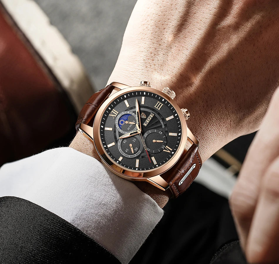 2025 New Mens Watches LIGE Top Brand Luxury Leather Casual Quartz Watch Men's Sport Waterproof Clock Watch Relogio Masculino+Box