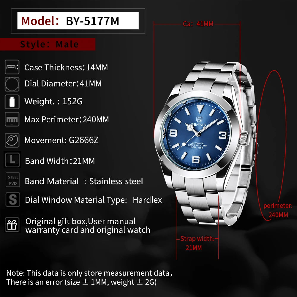 BENYAR Luxury Men Mechanical Wristwatches Stainless Steel Sports Men Automatic Watches 50ATM waterproof Clock