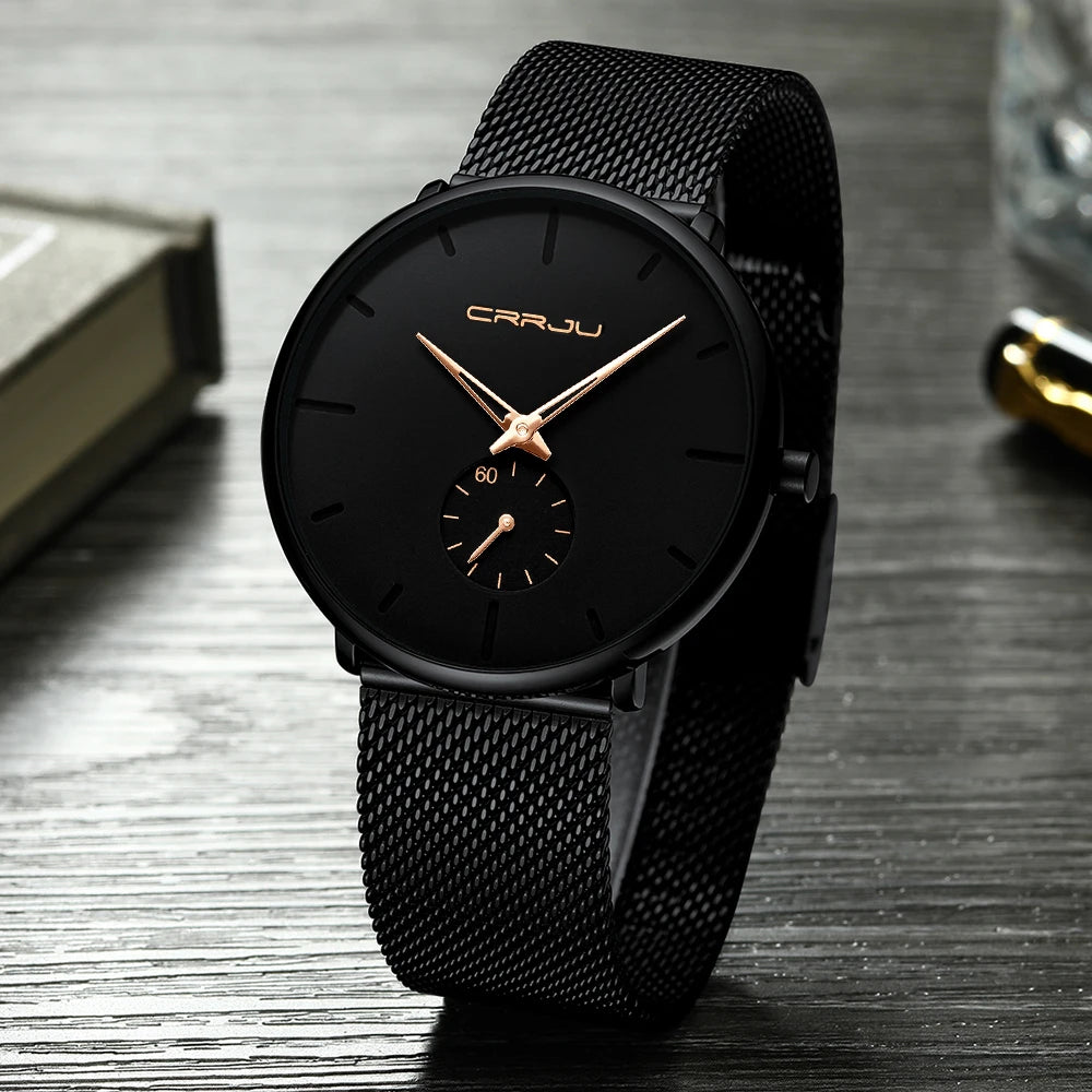 Orologio da uomo CRRJU – Orologio al quarzo di lusso, stile casual, sottile, con bracciale a maglia in acciaio, impermeabile e sportivo.
