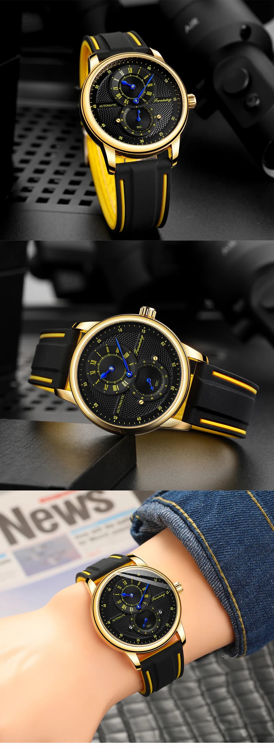Men Wristwatch Blue White Dial Automatic Transparent Mechanical Watch Silicone Rubber Band Male Sport Clock Relogio Masculino