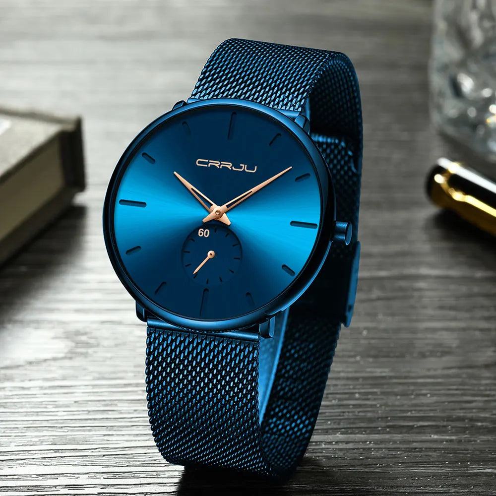 Orologio da uomo CRRJU – Orologio al quarzo di lusso, stile casual, sottile, con bracciale a maglia in acciaio, impermeabile e sportivo.