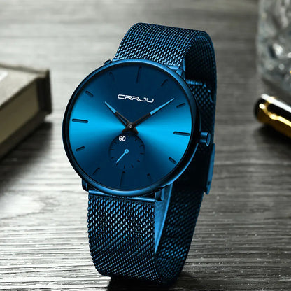 Orologio da uomo CRRJU – Orologio al quarzo di lusso, stile casual, sottile, con bracciale a maglia in acciaio, impermeabile e sportivo.