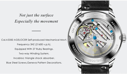 AGELOCER Original Budapest Watch Lady Leather Watch Strap Simple Big Calendar Automatic Mechanical Watch Birthday Gift for Women