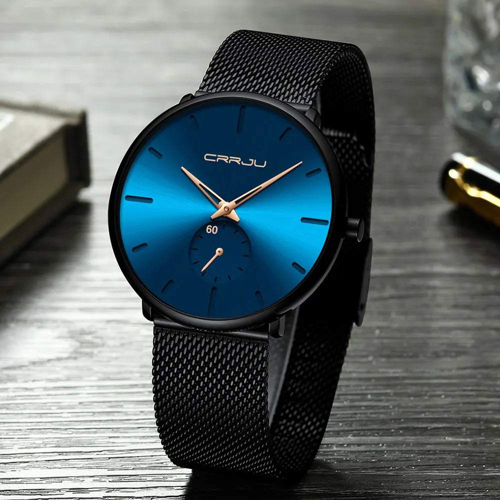 Orologio da uomo CRRJU – Orologio al quarzo di lusso, stile casual, sottile, con bracciale a maglia in acciaio, impermeabile e sportivo.