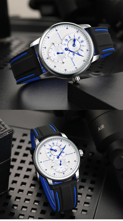 Men Wristwatch Blue White Dial Automatic Transparent Mechanical Watch Silicone Rubber Band Male Sport Clock Relogio Masculino