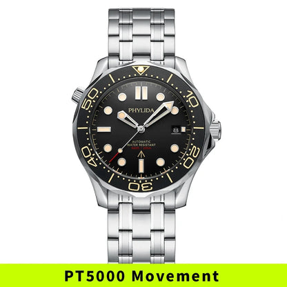 PHYLIDA Black Dial PT5000 MIYOTA Automatic Watch DIVER 200M 007 NTTD Style Sapphire Crystal Solid Bracelet Waterproof 20Bar