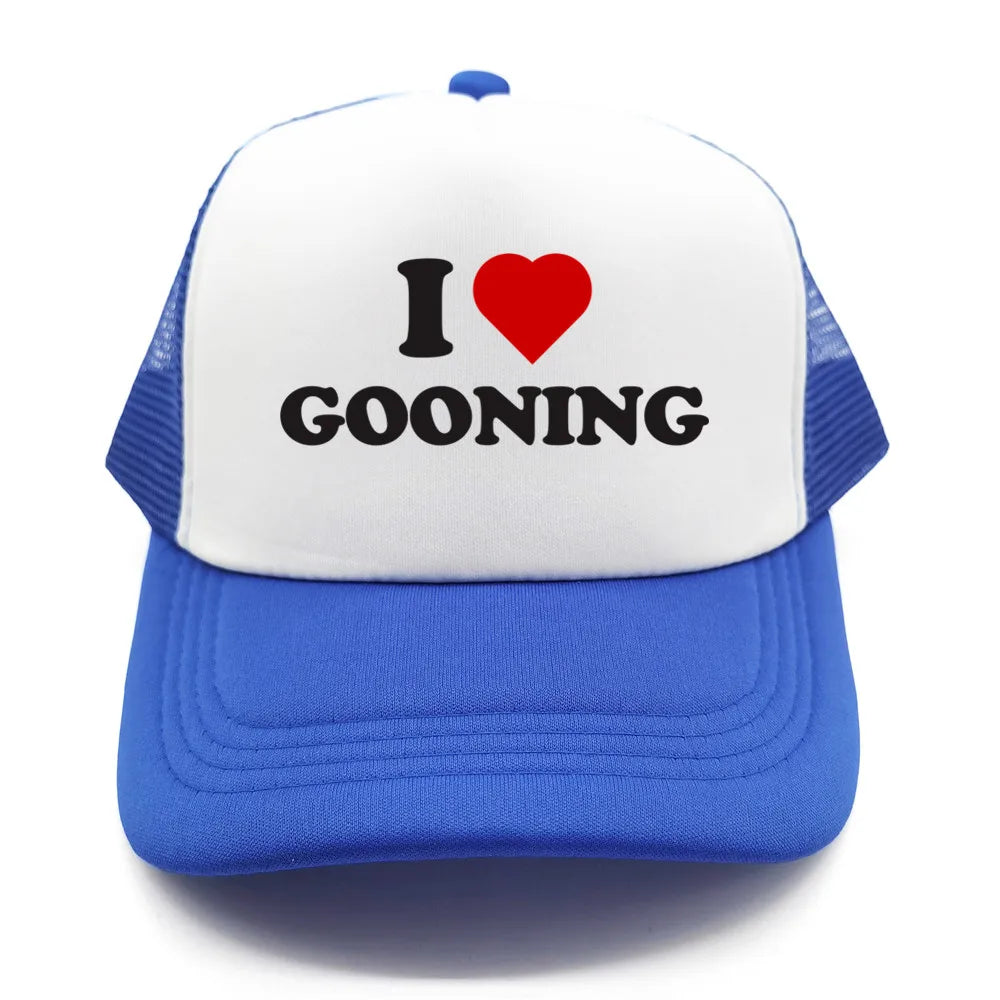 Juokingos „I Love Gooning“ beisbolo kepurės. Šaunios vasarinės vyriškos tinklinės kepurės. Humoro kupinos „Trucker“ stiliaus kepurės. Unisex lauko tinklinės kepurės MZ-080