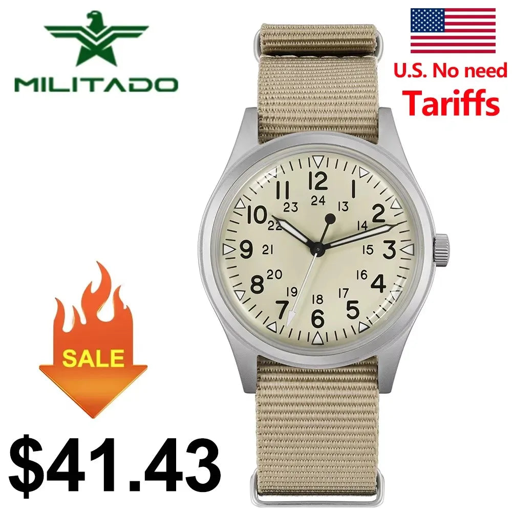 Militado ML07 Military Watch VH31 Quartz Movement Sapphire Crystal Luminous AR Coating Vintage Watches 100m Waterproof