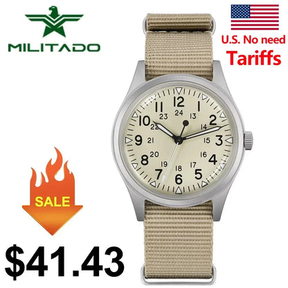 Militado ML07 Military Watch VH31 Quartz Movement Sapphire Crystal Luminous AR Coating Vintage Watches 100m Waterproof