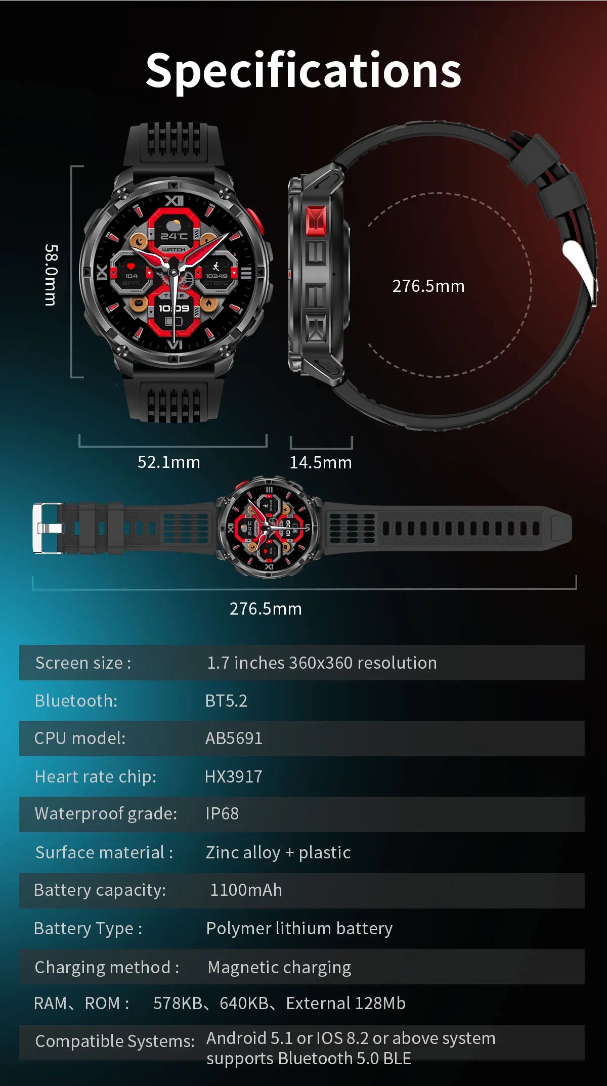 New T-REX3 Ultra 1100mAh Battery SmartWatch 10ATM Waterproof GPS Compass Flashlight 1.7" AMOLED HD Call Sports Smart Watch Men
