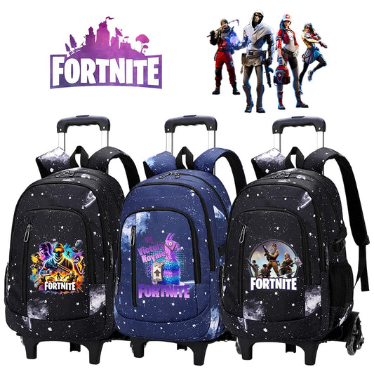 Fortnite 2 az 1-ben gurulós hátizsák csillagos égbolt mintával, nagy kapacitású, vízálló laptop táska, lépcsőmászó kialakítású diáktáska