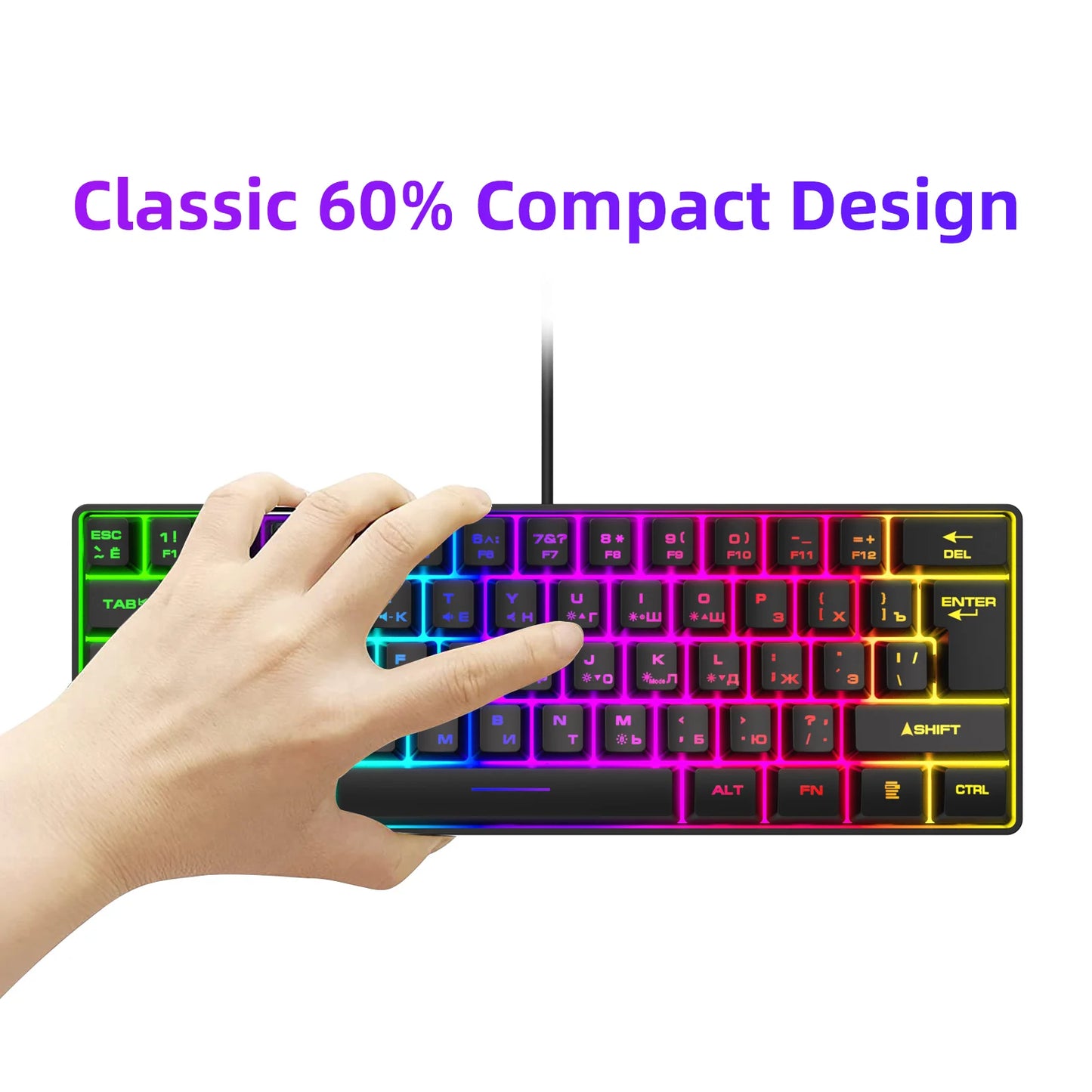 Teclado Gaming, Teclado Ultra-Compacto de 61 Teclas Russo/Inglês com Retroiluminação RGB, Teclado de Escritório Gaming Impermeável com Sensação Mecânica
