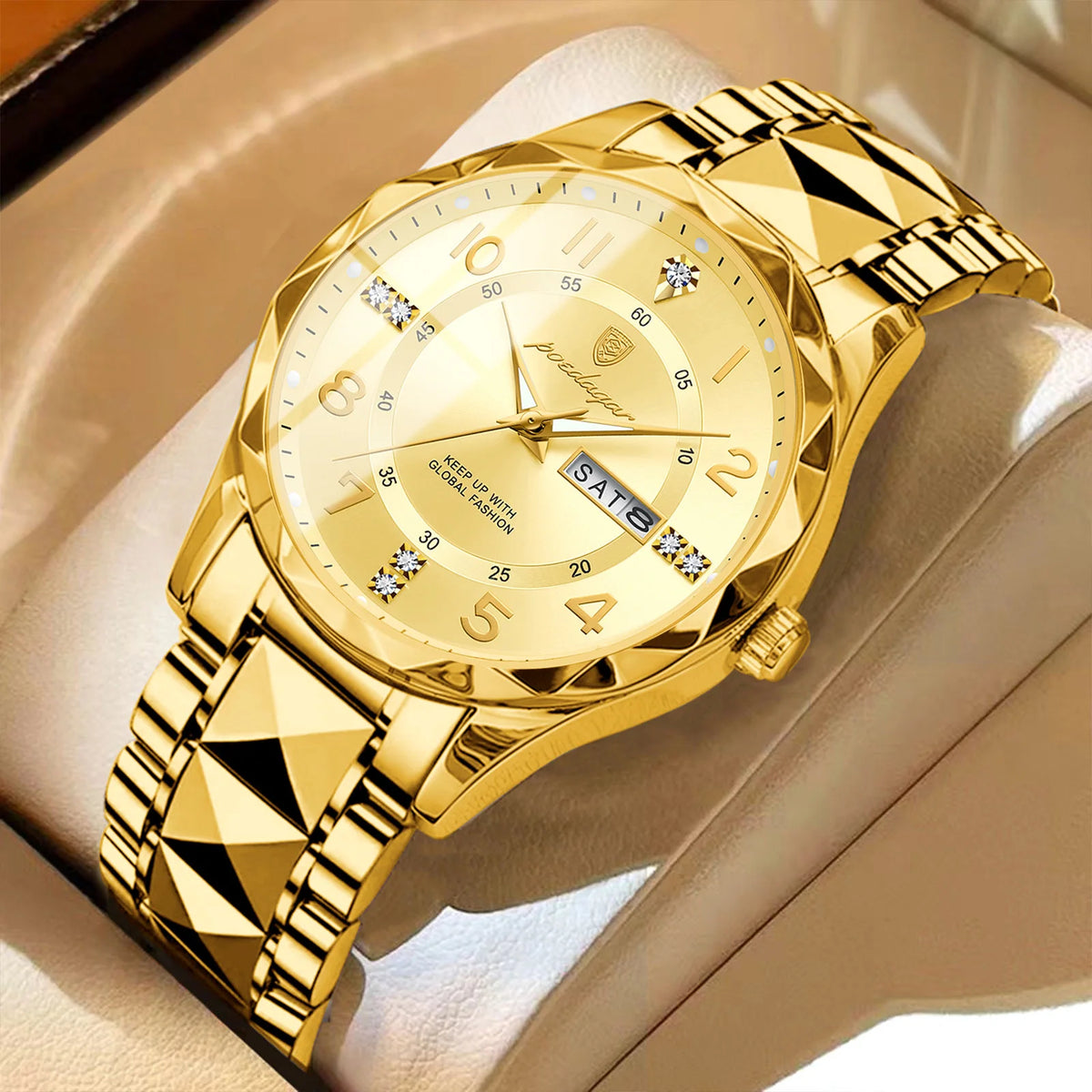 Мъжки часовник POEDAGAR Fashion Luxury, водоустойчив, със светещ циферблат, кварцов механизъм, каишка от неръждаема стомана, дата и ден от седмицата, неформален стил.