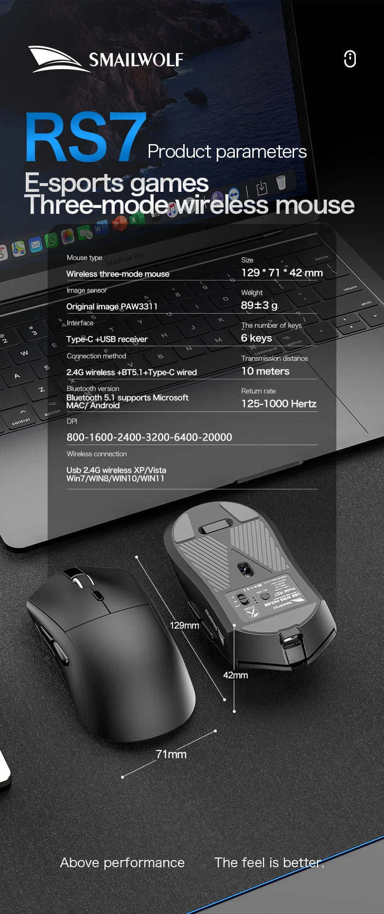 SMAILWOLF RS7 Bluetooth wireless gaming mouse PAW3311 macro driver laptop desktop computer office game 20000dpi
