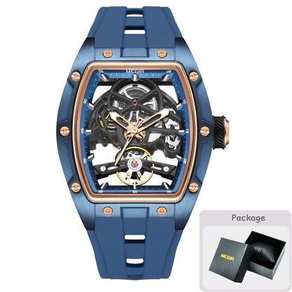 Relógio mecânico para homem MEGIR, formato de barril, mostrador esqueletizado com aberturas, estilo desportivo, bracelete em silicone, relógio automático de luxo