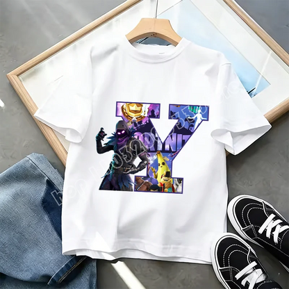 T-shirt Infantil Branco Fortnite com Estampado Alfabeto A-Z — Roupa de Verão, Jogo de Desenhos Animados Popular, Manga Curta Casual, Presente de Moda