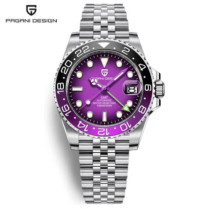 Montre mécanique pour homme PAGANI DESIGN (40 mm) – Cadran violet, fonction GMT, bracelet type Jubilee, verre saphir, étanche, mouvement automatique