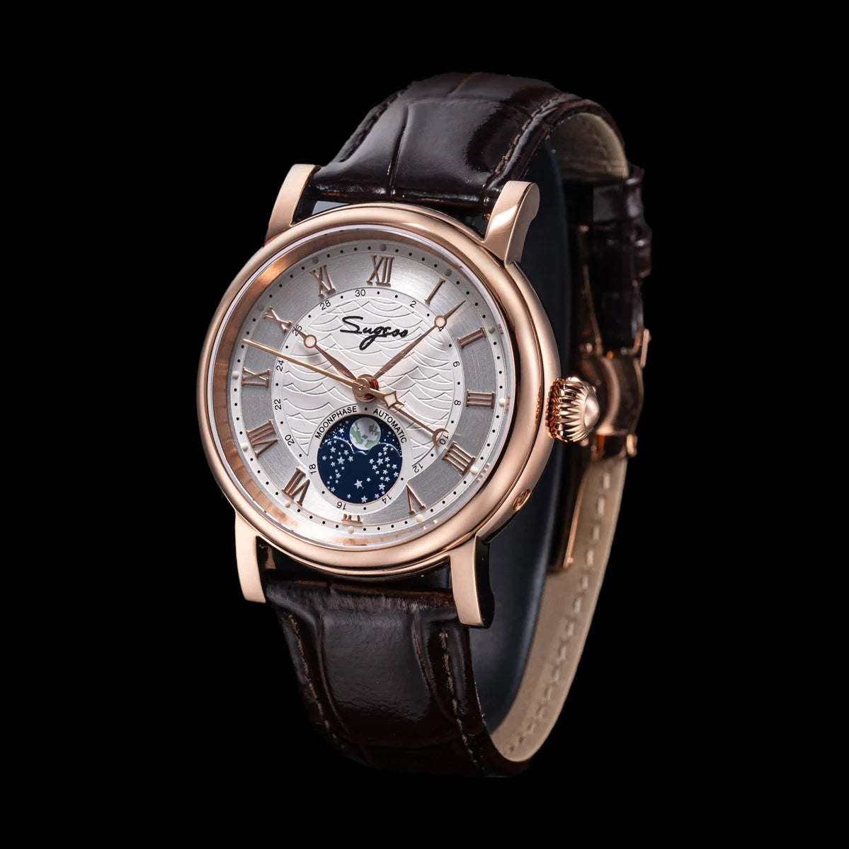 Sugess Watches for Men Automatic Mechanical Watch Moonphase Tianjin ST2108 Waterproof Date Hands Sapphire Crystal Rome Wave Dial
