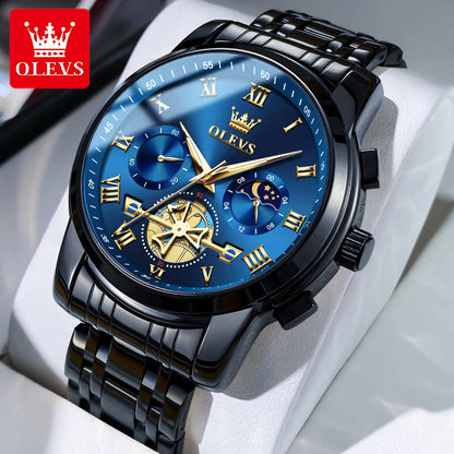 Relógio de homem OLEVS 2859 – Modelo clássico e luxuoso com algarismos romanos, multifunções, resistente à água, mostrador luminescente, movimento de quartzo de alta qualidade.